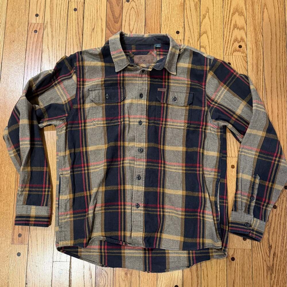 Orvis Men’s XL Heavyweight Flannel Shirt Black Tan Red Plaid 100% Cotton